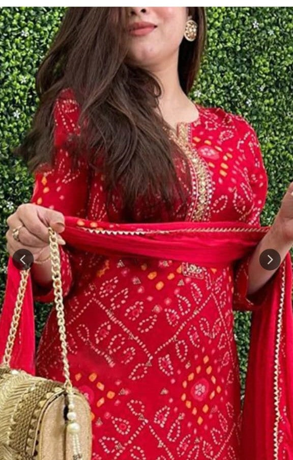 Red Bandhani Three Piece Suit