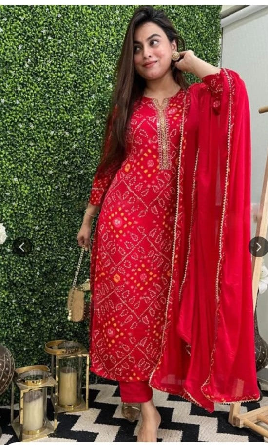 Red Bandhani Three Piece Suit