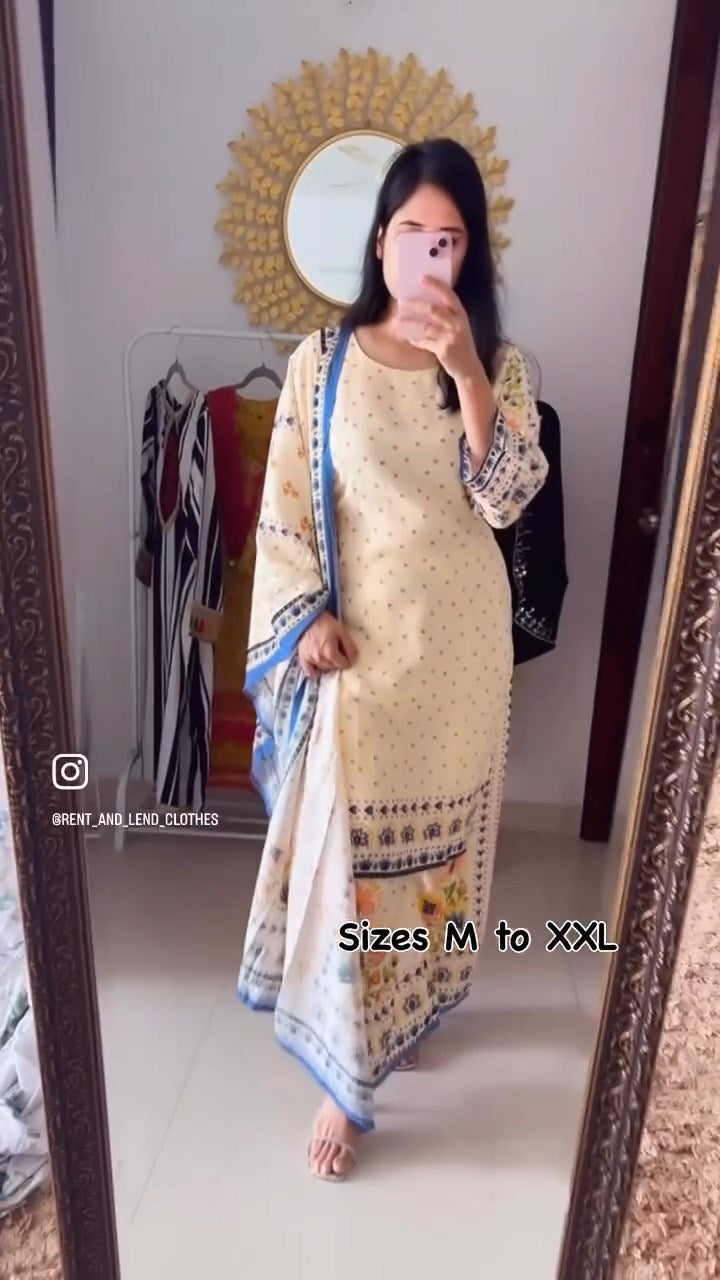 Beige Floral Digital Print Suit Set