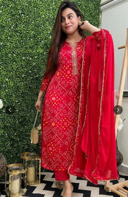 Red Bandhani Three Piece Suit