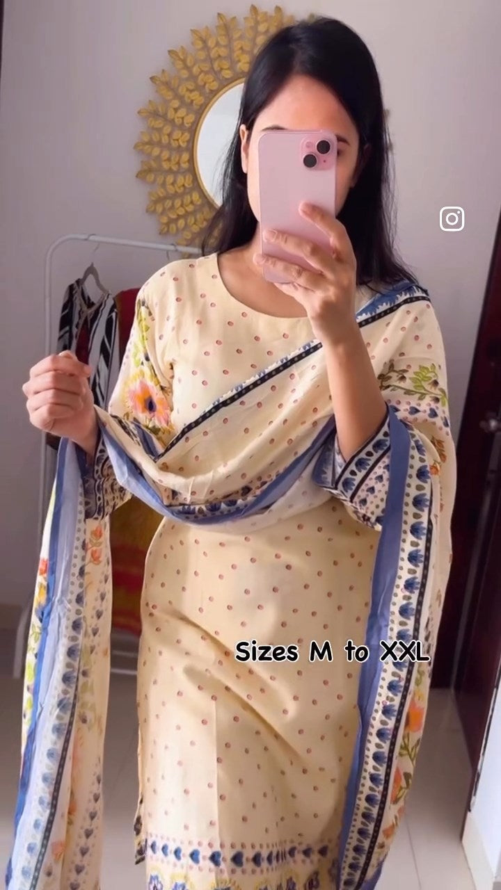 Beige Floral Digital Print Suit Set
