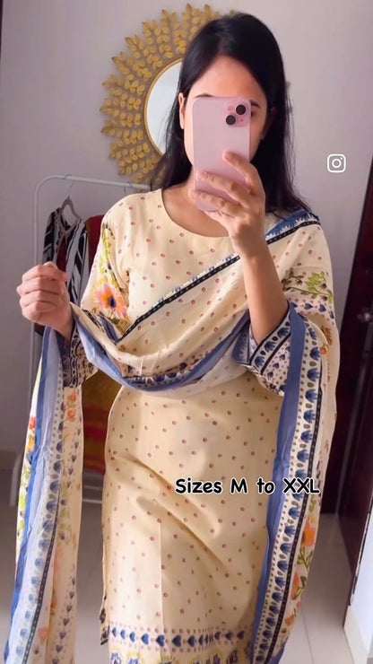 Beige Floral Digital Print Suit Set