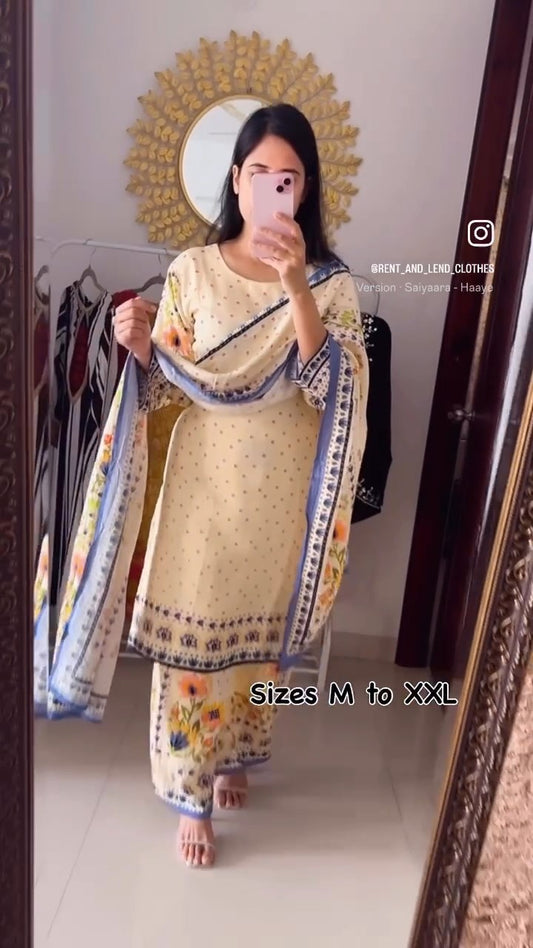 Beige Floral Digital Print Suit Set
