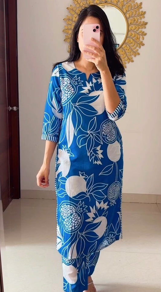 Printed Notch Neck Straight Kurta with Trouser