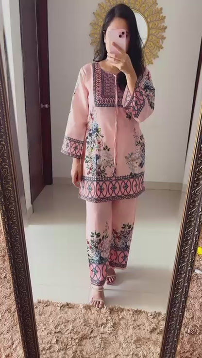 Peach Printed Cotton Coord Set