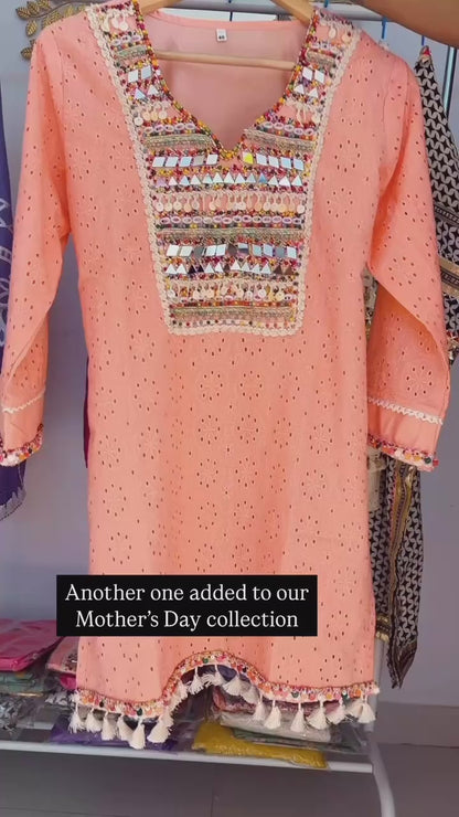 Peach Schiffli Coord Set