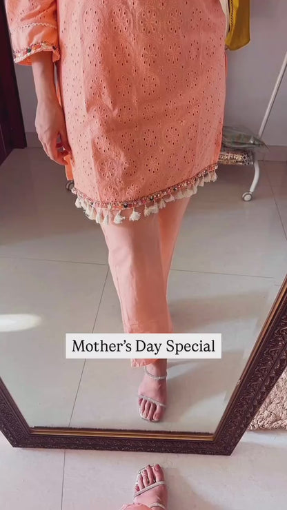 Peach Schiffli Coord Set